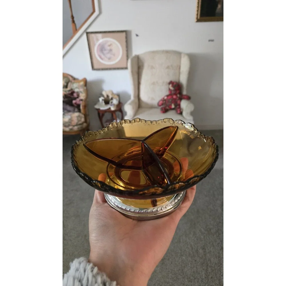 Vintage Farber Bros KromeKraft Amber Glass Relish Candy Nut Dish Chrome Art Deco